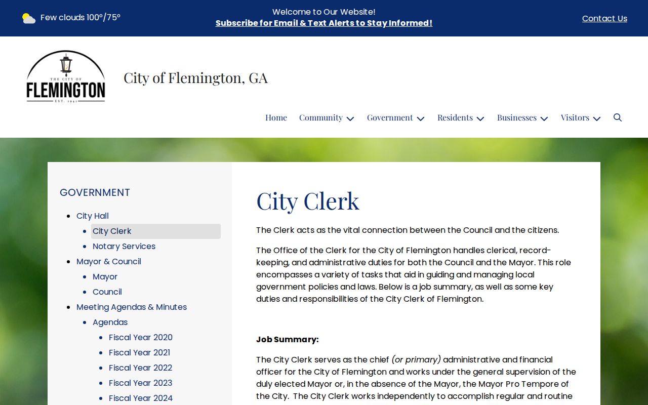 Flemington city clerk page describing the city records custodian
