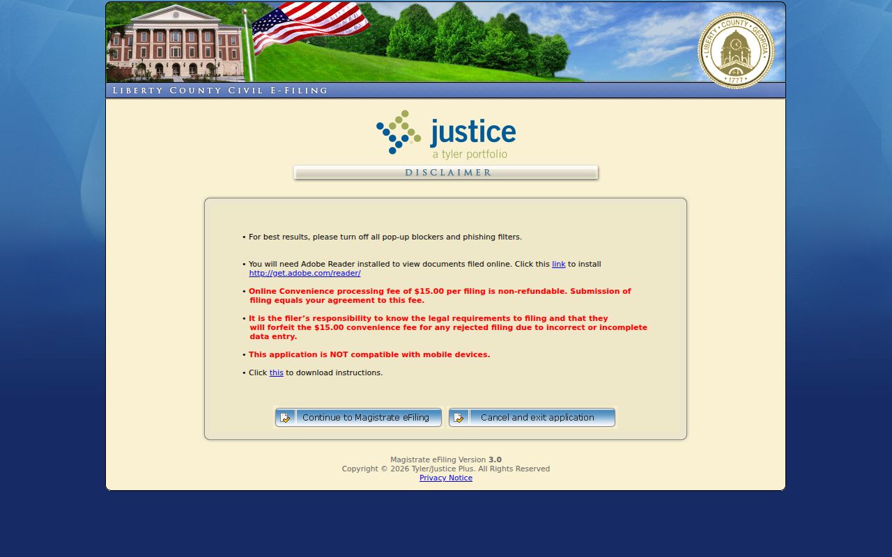 Liberty County civil docket Magistrate e-filing disclaimer