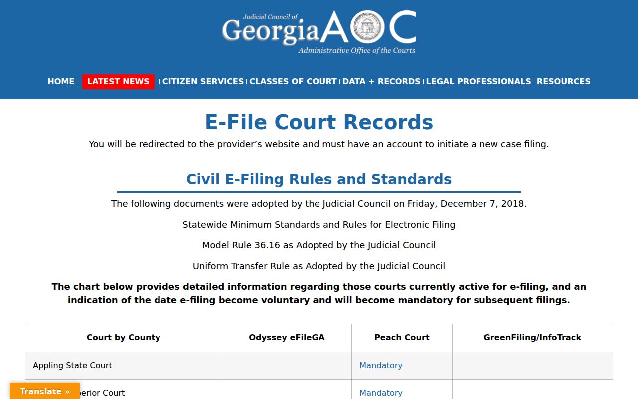 Liberty County civil docket listing in Georgia e-file directory
