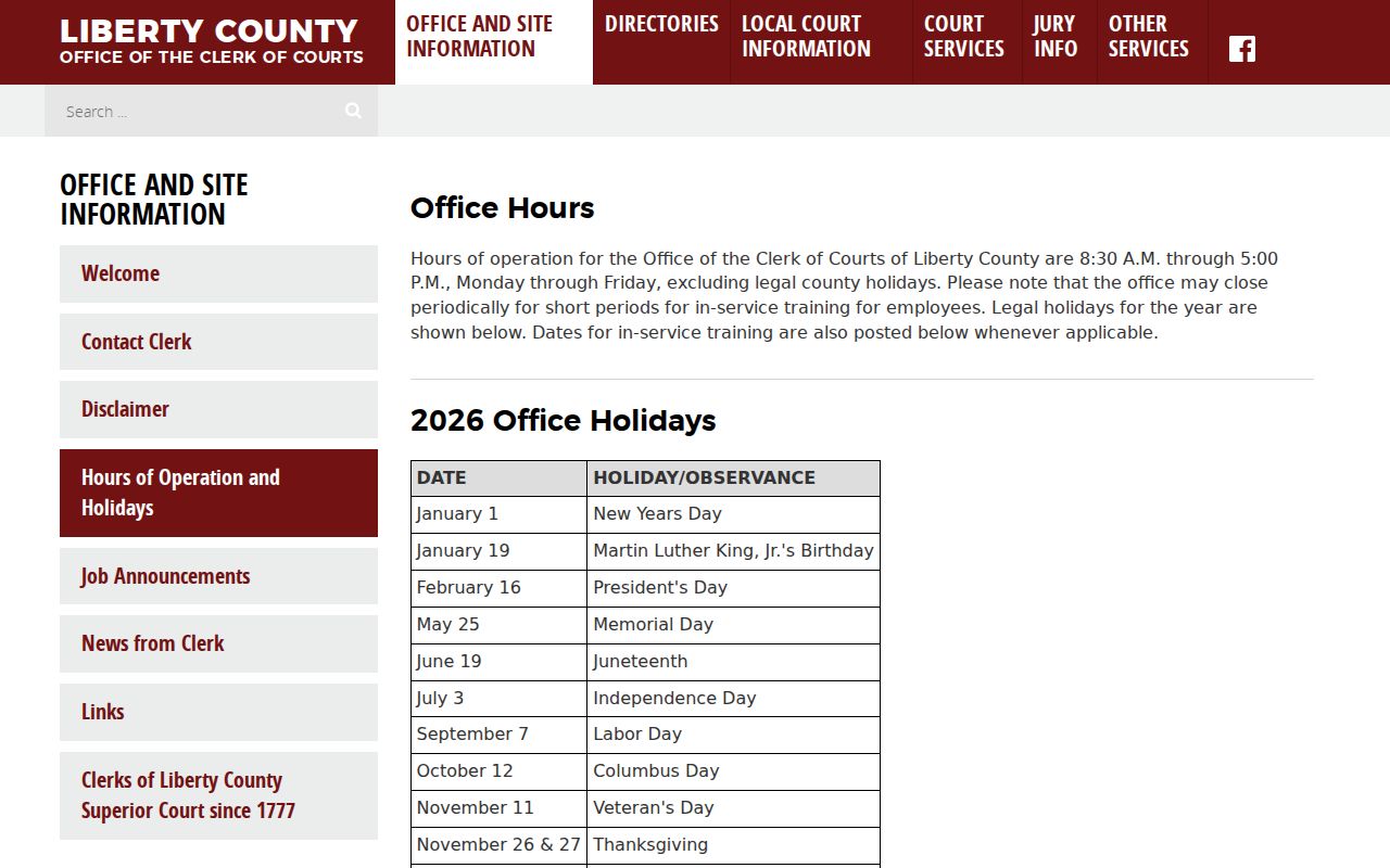 Liberty County Clerk office hours and holiday closure information