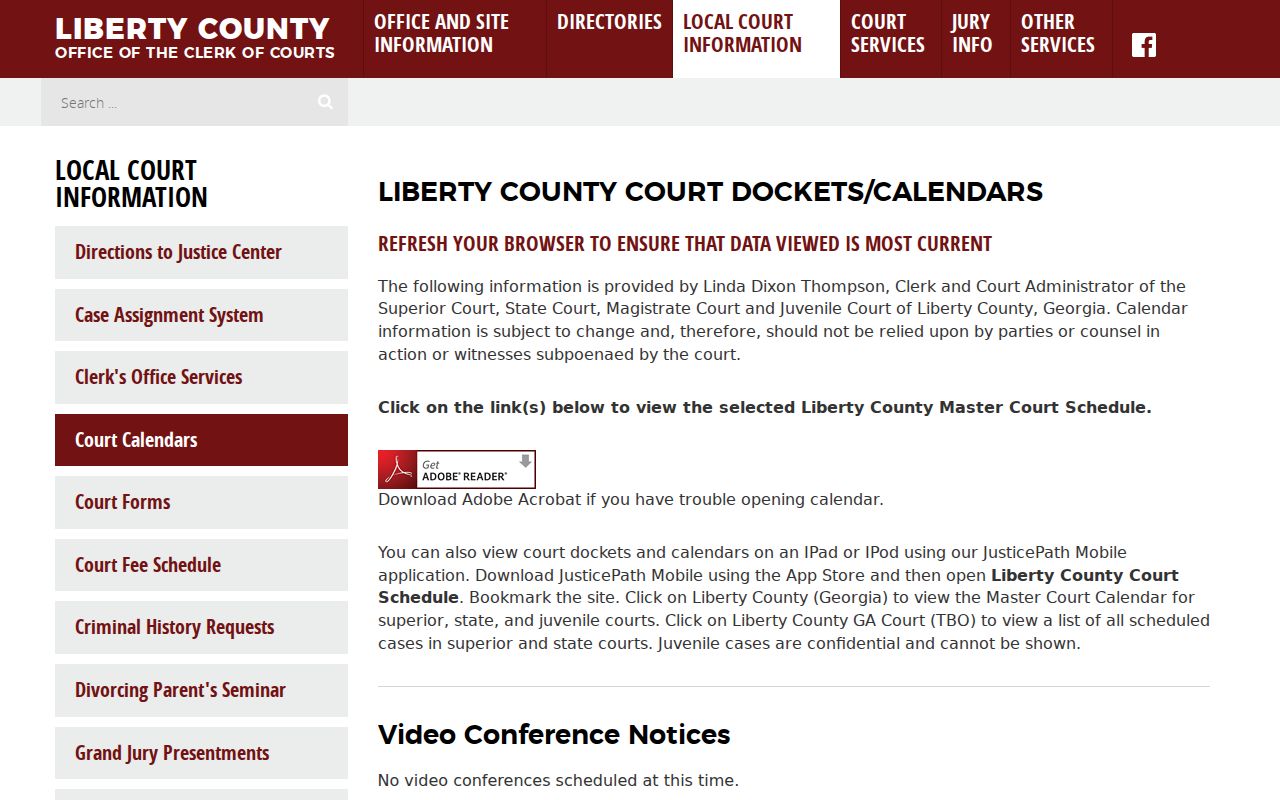 Liberty County Court Calendars page with weekly and court-specific calendar links