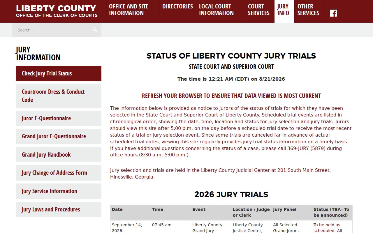 Liberty County jury trial status table for selection and trial reporting