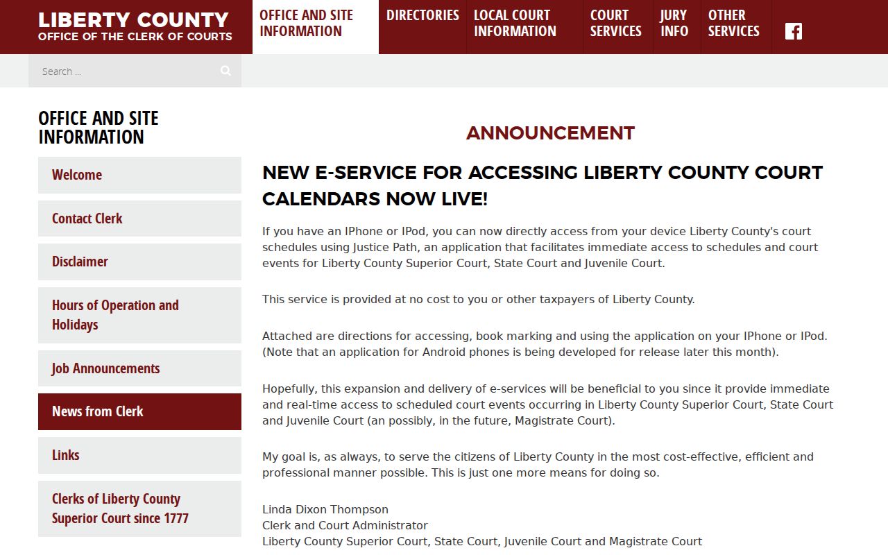 Liberty County Clerk announcement for JusticePath mobile court calendar access