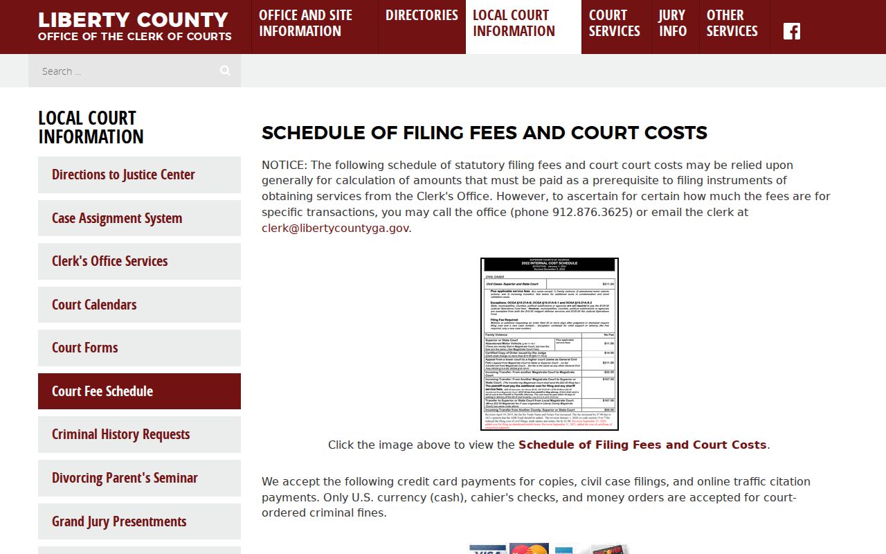 Liberty Clerk of Courts filing and copy fee page