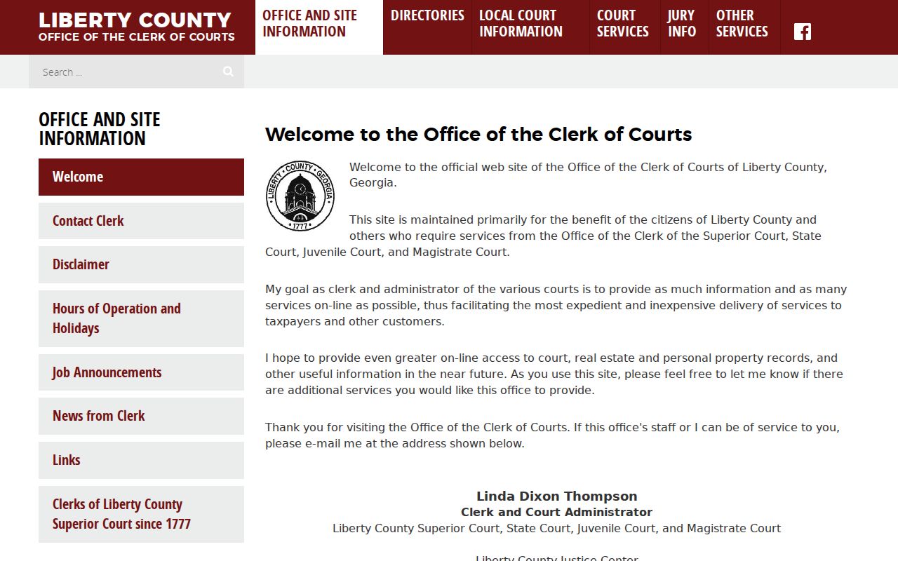 Liberty County Clerk welcome page identifying the Clerk and court office