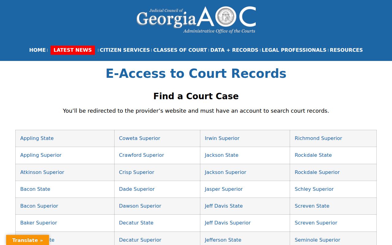 Georgia E-Access directory listing Liberty Superior and State courts