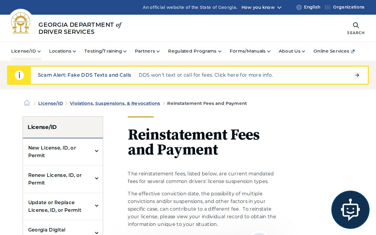 Georgia DDS reinstatement fee and payment information