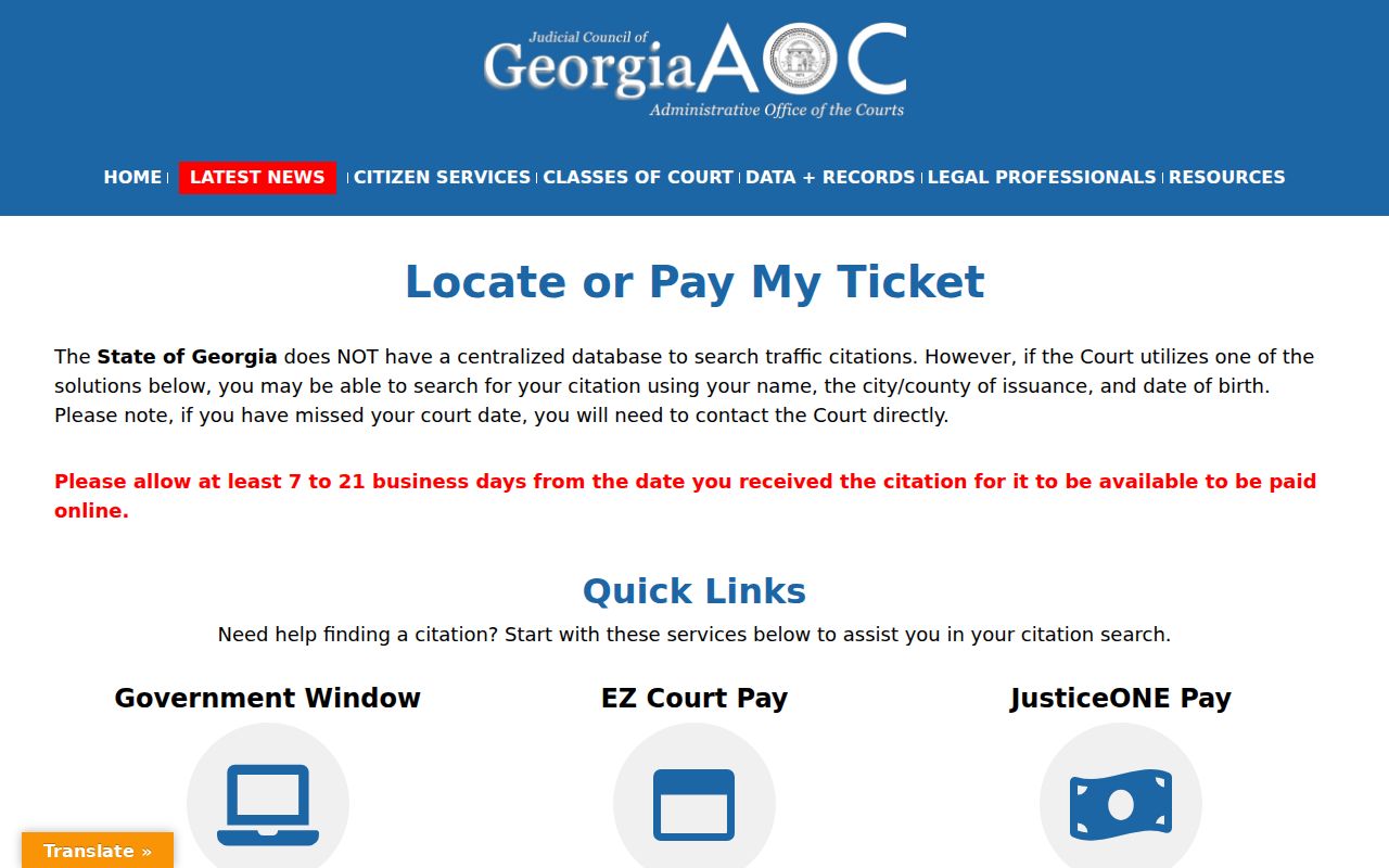 Georgia Courts locate or pay a traffic ticket page